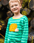 Premium green striped long sleeve kids shirt with hedgehog applique, stylish yellow and orange trim, organic cotton by Toby Tiger at brixbailey.com
