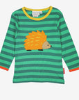 Premium green striped long sleeve kids shirt with yellow orange trim, hedgehog applique, organic cotton by Toby Tiger at brixbailey.com