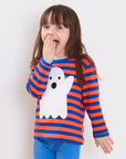 Premium Halloween Baby Long Sleeve Shirt, Blue Orange Striped Ghost Applique, GOTS Certified Organic Cotton, Snap Button Closure by Toby Tiger at brixbailey.com