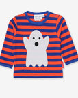 Premium Halloween Baby Long Sleeve Shirt, Blue Orange Striped Organic Cotton with Ghost Applique, GOTS Certified, Sustainable Toddler Clothing by Toby Tiger at brixbailey.com