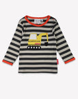 Premium organic cotton kids long sleeve shirt, gray with interactive excavator applique and orange cuffs by Toby Tiger at brixbailey.com