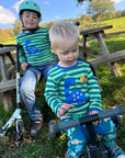 Premium Green Striped Long Sleeve Kids Dinosaur Shirt with Blue Dino Applique, Soft Organic Cotton, Eco-Friendly by Toby Tiger at brixbailey.com
