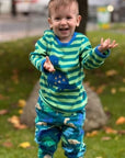 Premium Green Striped Long Sleeve Kids Dinosaur Shirt with Blue Dino Applique, Soft Organic Cotton, Eco-Friendly by Toby Tiger at brixbailey.com