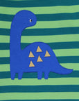 Premium Green Striped Long Sleeve Kids Dinosaur Shirt with Blue Dino Applique, Soft Organic Cotton, GOTS Certified by Toby Tiger at brixbailey.com