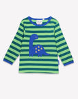 Premium Green Striped Long Sleeve Kids Dinosaur Shirt with Blue Dino Applique, Soft Organic Cotton, GOTS Certified by Toby Tiger at brixbailey.com