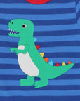 Luxury premium baby T-Rex striped organic cotton shirt, soft spiked dinosaur applique, trendy best-selling kids apparel by Toby Tiger at brixbailey.com