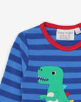 Premium baby T-Rex striped organic cotton shirt with soft spikes, blue and red contrast trim, snap neck closure by Toby Tiger at brixbailey.com
