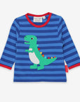 Luxury baby T-Rex striped organic cotton shirt with soft spikes, premium handcrafted applique, snap buttons, trending dinosaur design by Toby Tiger at brixbailey.com