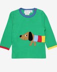 Premium organic cotton long sleeve green t-shirt with rainbow jacket dachshund applique, GOTS certified, soft and stylish for babies by Toby Tiger at brixbailey.com