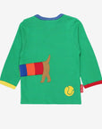 Premium organic green long sleeve t-shirt with dachshund applique, rainbow jacket, GOTS certified cotton, stylish contrast trim, soft baby clothing by Toby Tiger at brixbailey.com