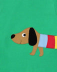 Premium organic green long sleeve t-shirt with stylish dachshund applique, GOTS certified cotton, rainbow jacket design, soft and comfortable for babies by Toby Tiger at brixbailey.com