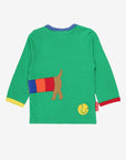 Premium organic green long sleeve tee with dachshund applique, rainbow jacket design, GOTS certified cotton, soft and stylish for babies by Toby Tiger at brixbailey.com