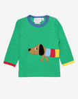 Premium organic green long sleeve shirt with dachshund applique, GOTS certified cotton, rainbow jacket style, soft and comfortable for babies by Toby Tiger at brixbailey.com