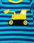 Organic striped long sleeve baby shirt with soft digger applique, 100% GOTS certified cotton, snap buttons for easy dressing, sizes 6-24 months by Toby Tiger at brixbailey.com