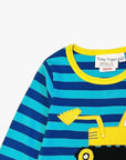 Premium organic cotton striped long sleeve baby shirt with soft digger applique, GOTS certified, snap buttons for easy dressing, sizes 6-24 months by Toby Tiger at brixbailey.com