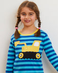 Premium organic cotton striped long sleeve baby shirt with soft digger applique, GOTS certified, snap buttons for easy dressing by Toby Tiger at brixbailey.com