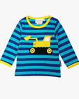 Premium organic striped long-sleeve baby shirt with soft digger applique, GOTS-certified cotton, snap buttons for easy dressing by Toby Tiger at brixbailey.com