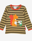 Baby's brown striped organic cotton long sleeve shirt with squirrel applique by at www.brixbailey.com