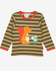 Baby's brown striped organic cotton long sleeve shirt with squirrel embroidery by at www.brixbailey.com