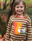 Baby's brown striped organic cotton long-sleeve shirt with squirrel embroidery by at www.brixbailey.com