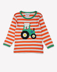 Premium organic cotton kids long sleeve shirt, stylish orange tractor applique, playful interactive design, GOTS certified by Toby Tiger at brixbailey.com