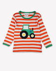 Premium organic cotton kids long sleeve shirt, stylish orange and white stripes with fun interactive tractor applique by Toby Tiger at brixbailey.com