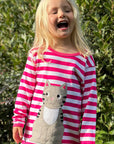 Premium organic cotton kids long sleeve shirt, pink with cute cat applique, stylish striped design, GOTS certified by Toby Tiger at brixbailey.com