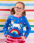 Luxury blue long sleeve baby shirt with unicorn and rainbow embroidery, soft organic cotton, snap buttons, magical starry sky design by Toby Tiger at brixbailey.com