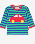 Premium Soft Striped Long-Sleeve Organic Cotton Kids Shirt with Red Car Applique, Sustainable and Machine Washable by Toby Tiger at brixbailey.com