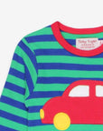 Premium Soft Striped Long-Sleeve Organic Cotton Kids Shirt with Red Car Applique, Sustainable GOTS-Certified Toddler Top with Snap Buttons by Toby Tiger at brixbailey.com