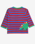 happy striped dino long sleeve shirt with front and back applique, soft certified organic cotton, snap buttons, premium kids clothing by Toby Tiger at brixbailey.com