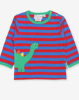 happy striped dino long sleeve shirt with front and back applique, soft certified organic cotton, snap buttons, premium kids clothing by Toby Tiger at brixbailey.com