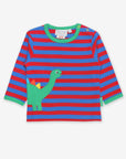happy striped dino long sleeve shirt with front and back applique, soft certified organic cotton, snap buttons at neck, premium kids clothing by Toby Tiger at brixbailey.com