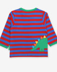 happy striped dino long sleeve shirt with front and back applique, soft certified organic cotton, snap buttons at neck, premium kids clothing by Toby Tiger at brixbailey.com
