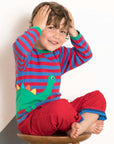 happy striped dino long sleeve shirt with front and back applique, premium soft organic cotton, snap buttons, stylish kids clothing by Toby Tiger at brixbailey.com