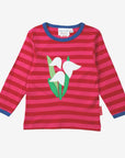 Luxury pink striped long sleeve shirt with dark blue trim and snowdrop applique, premium organic cotton baby outfit by Toby Tiger at brixbailey.com