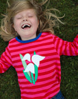 Luxury organic cotton long sleeve baby shirt with snowdrop applique, pink striped and navy trim, soft GOTS certified fabric by Toby Tiger at brixbailey.com