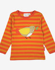 Premium orange and white striped baby t-shirt with yellow trim and stylish sparrow applique, soft organic cotton, snap button neck by Toby Tiger at brixbailey.com
