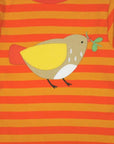 Bright orange and white striped baby t-shirt with yellow trim, sparrow applique, snap button neck, premium organic cotton by Toby Tiger at brixbailey.com