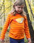 Bright orange and white striped baby t-shirt with yellow trim and sparrow applique, premium organic cotton, soft and stylish by Toby Tiger at brixbailey.com