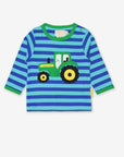 Premium baby long sleeve shirt, striped organic cotton with tractor applique, soft GOTS certified, eco-friendly dyes by Toby Tiger at brixbailey.com