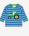 Premium baby long sleeve shirt with tractor applique, striped organic cotton, soft GOTS certified, eco-friendly dye, machine washable by Toby Tiger at brixbailey.com