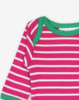 Premium baby bodysuit with slip-on neckline, pink striped organic cotton, soft sustainable fabric, stylish and comfortable by Toby Tiger at brixbailey.com