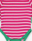 Premium striped baby bodysuit in soft organic cotton with snap buttons, stylish slip-on neckline, trending pink stripes by Toby Tiger at brixbailey.com
