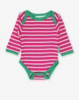 Premium baby bodysuit with envelope neckline, pink striped organic cotton, soft sustainable fabric, stylish and comfortable by Toby Tiger at brixbailey.com