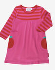 Organic Kids Dress with Fun Apple Appliques and Striped Design, Long Sleeve Red and Pink Eco-Friendly Cotton Outfit by Toby Tiger at brixbailey.com