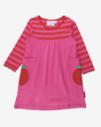 Long Sleeve Organic Kids Dress with Fun Appliques and Striped Design - Soft Red Apple Details on Pink Pockets by Toby Tiger at brixbailey.com