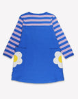 Premium organic cotton kids long sleeve dress with daisy applique, blue and lilac striped bodice, soft sustainable fabric, stylish Toby Tiger design by Toby Tiger at brixbailey.com