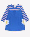 Premium organic cotton kids long sleeve dress with daisy applique, blue and lilac striped bodice, soft sustainable fabric, GOTS certified by Toby Tiger at brixbailey.com