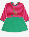 Charming Green and Pink Striped Organic Cotton Baby Dress with Deer Applique and Fly Agaric Detail by Toby Tiger at brixbailey.com